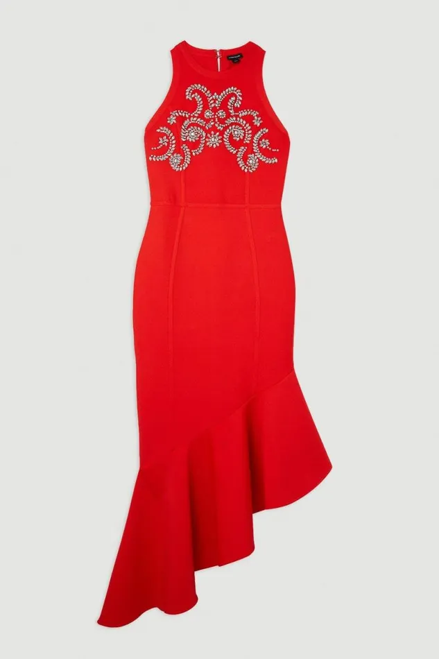 Bandage Form Fitting Embellished Knit Midaxi Dress Red Women Karen Millen Dresses