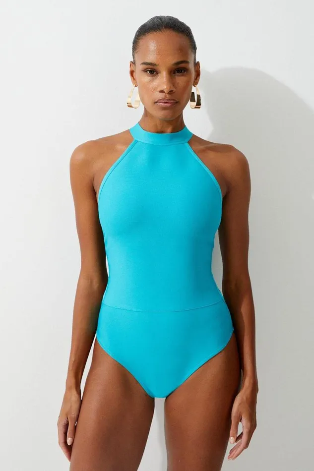 Bandage Halter Neck Strappy Back Swimsuit White Women Karen Millen Swimwear