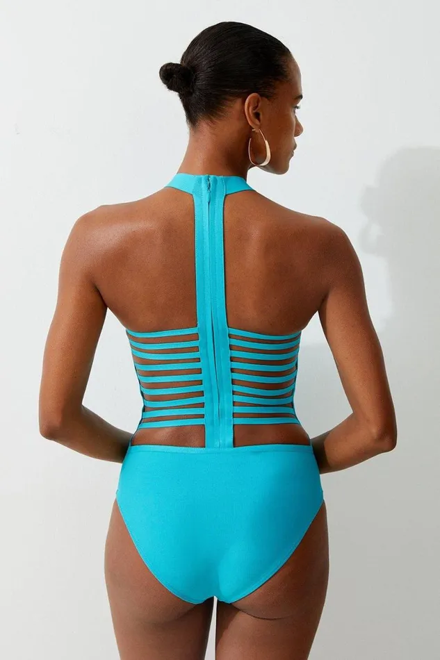 Bandage Halter Neck Strappy Back Swimsuit White Women Karen Millen Swimwear