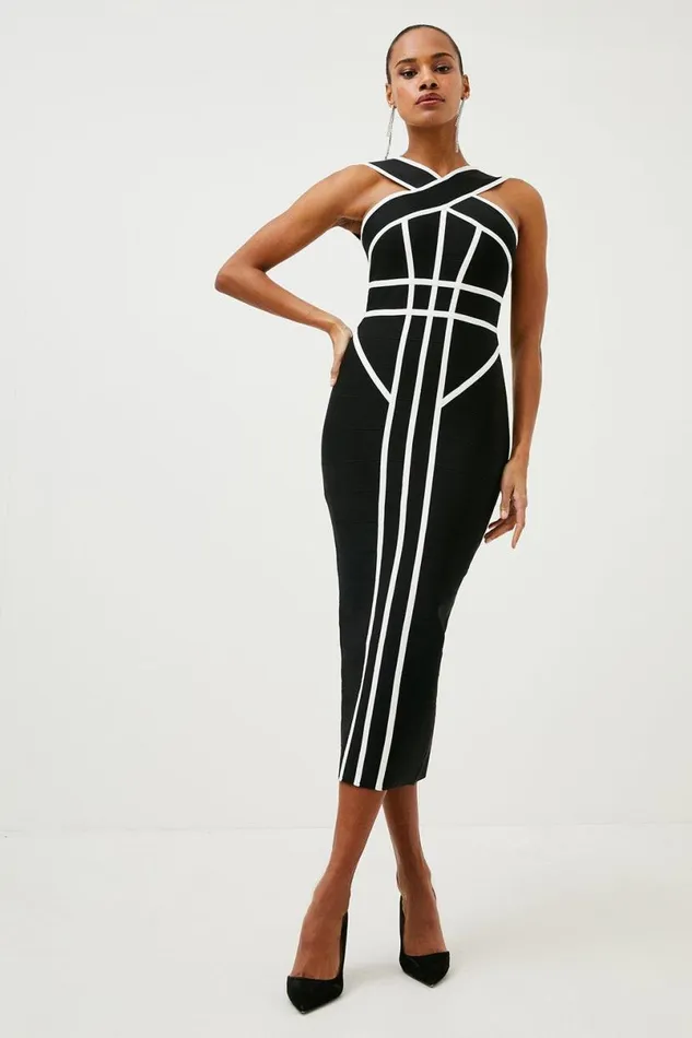 Bandage Knit Contrast Cross Front Dress Mono Women Karen Millen Dresses