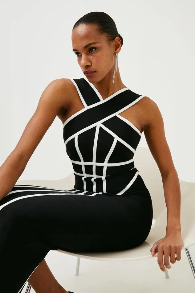 Bandage Knit Contrast Cross Front Dress Mono Women Karen Millen Dresses