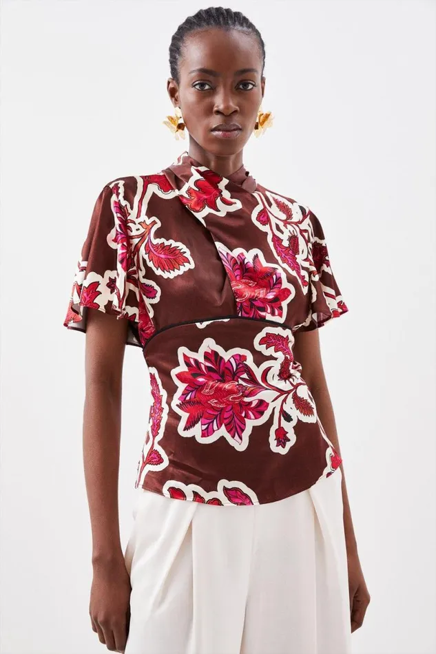 Batik Viscose Satin Angel Sleeve Woven Blouse Floral Women Karen Millen Tops