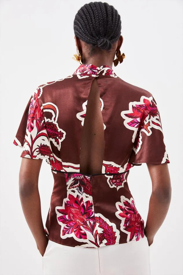 Batik Viscose Satin Angel Sleeve Woven Blouse Floral Women Karen Millen Tops
