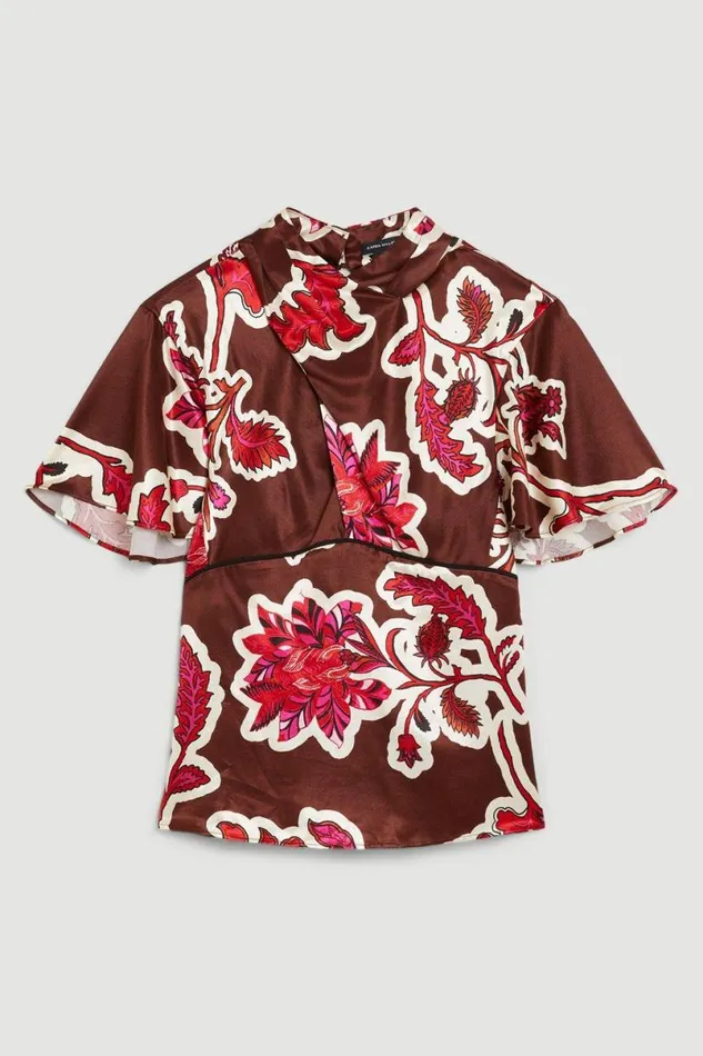 Batik Viscose Satin Angel Sleeve Woven Blouse Floral Women Karen Millen Tops