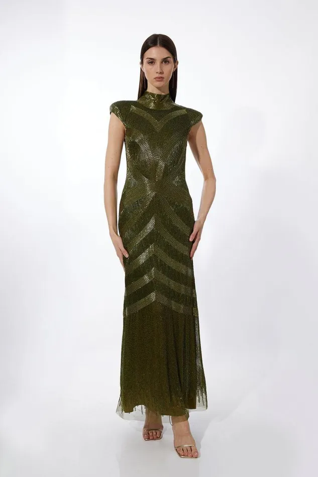 Beaded Embellished Woven Maxi Dress Khaki Women Karen Millen Dresses