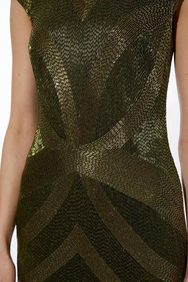 Beaded Embellished Woven Maxi Dress Khaki Women Karen Millen Dresses