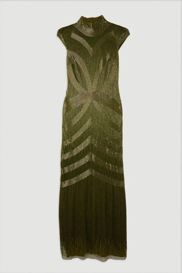 Beaded Embellished Woven Maxi Dress Khaki Women Karen Millen Dresses
