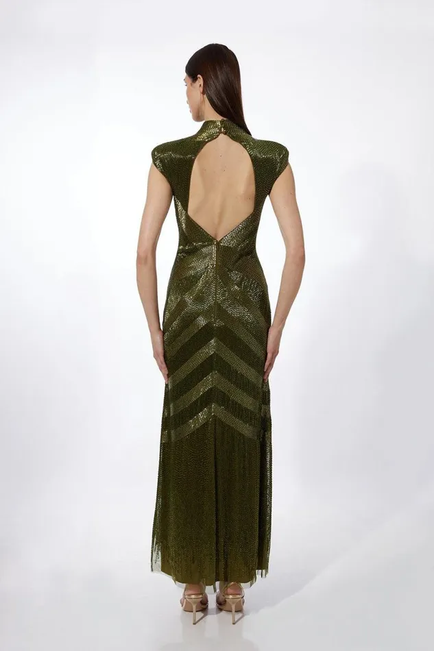 Beaded Embellished Woven Maxi Dress Khaki Women Karen Millen Dresses