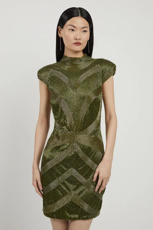 Beaded Embellished Woven Mini Dress Khaki Women Karen Millen Dresses