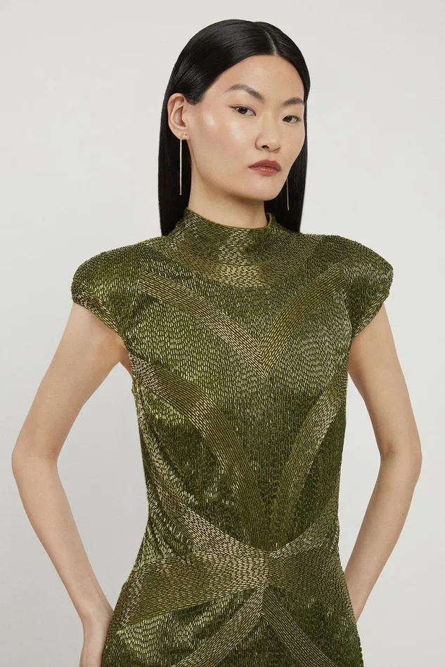 Beaded Embellished Woven Mini Dress Khaki Women Karen Millen Dresses