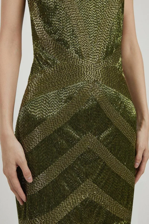 Beaded Embellished Woven Mini Dress Khaki Women Karen Millen Dresses