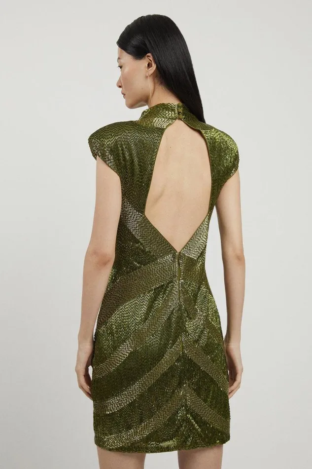 Beaded Embellished Woven Mini Dress Khaki Women Karen Millen Dresses