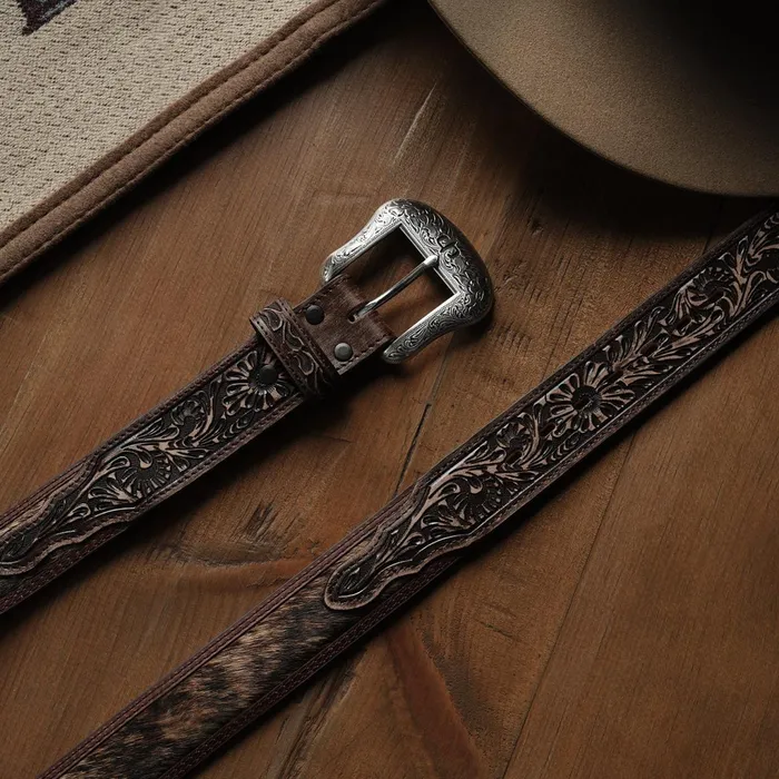 Belts Men Stetson HaironHide Tooled Tab Belt Vintagebrown