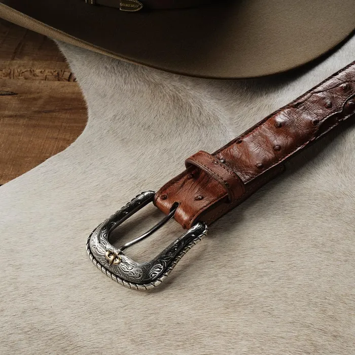 Belts Men Stetson Ostrich Western Tab Belt Antique Cognac