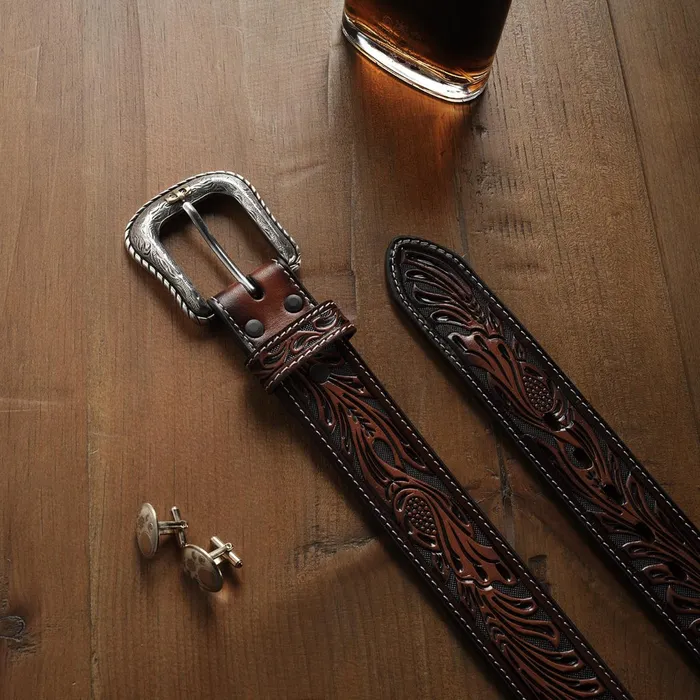 Belts Men Stetson Tooled Belt Dark Brown