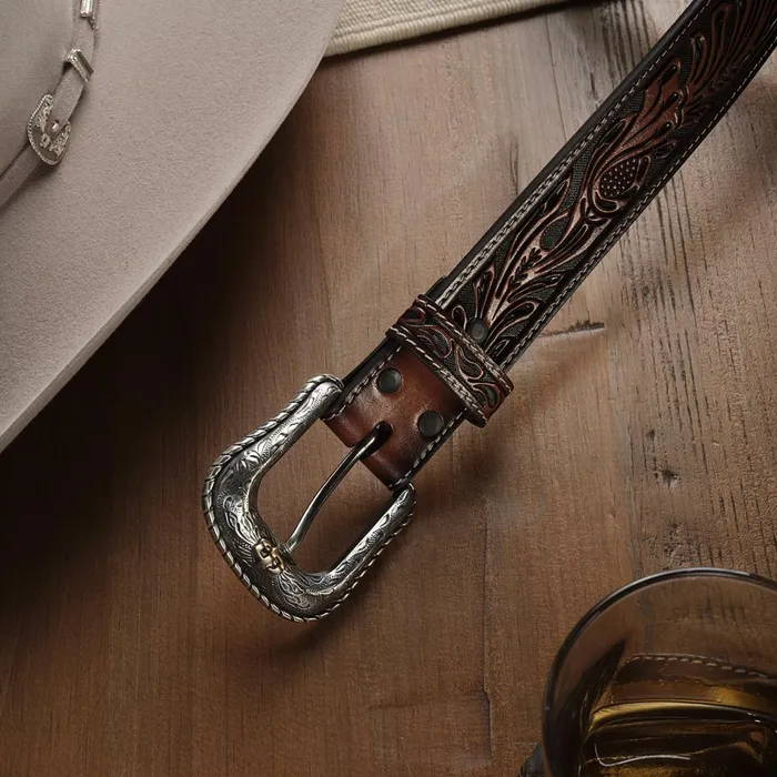 Belts Men Stetson Tooled Belt Dark Brown