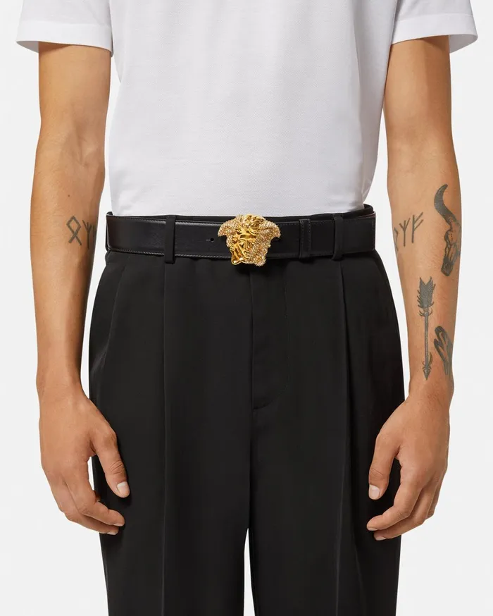 Belts Men Versace La Medusa Crystal Leather Belt 4 Cm Black