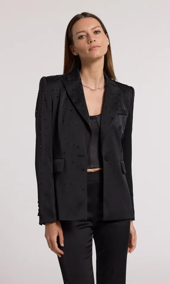 Blazers and Jackets Women Generation Love Clothing Aimee Crystal Satin Blazer Blackblack