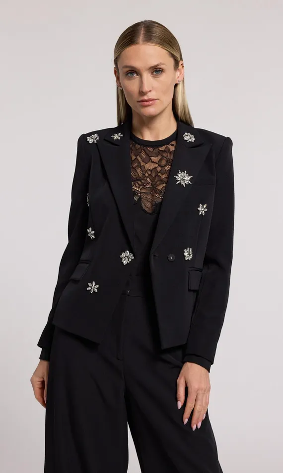Blazers and Jackets Women Generation Love Clothing Delilah Crystal Embellished Crepe Blazer Blackclear