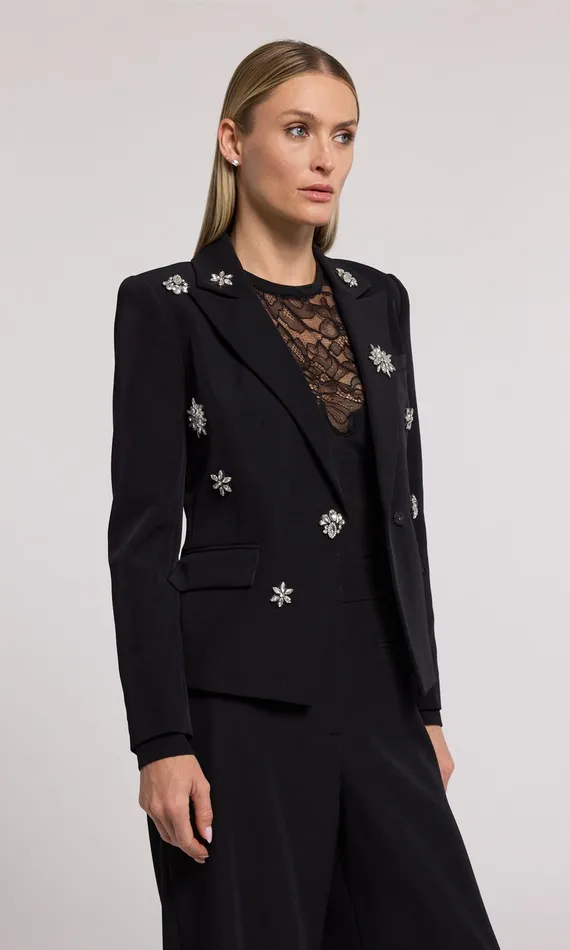 Blazers and Jackets Women Generation Love Clothing Delilah Crystal Embellished Crepe Blazer Blackclear
