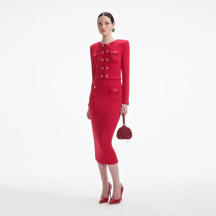 Bottoms Women Self Portrait Red Knit Heart Buttoned Midi Skirt
