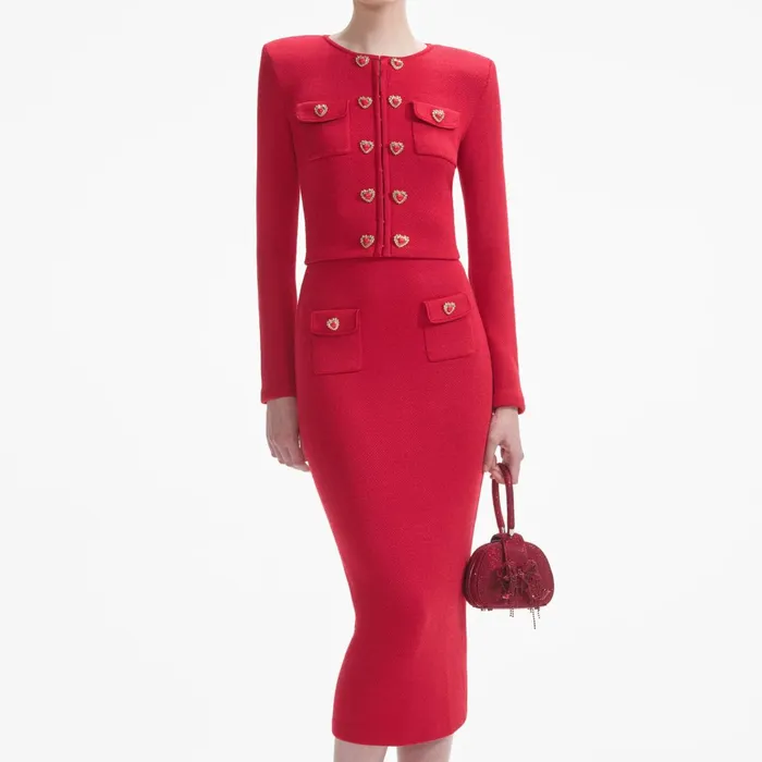 Bottoms Women Self Portrait Red Knit Heart Buttoned Midi Skirt
