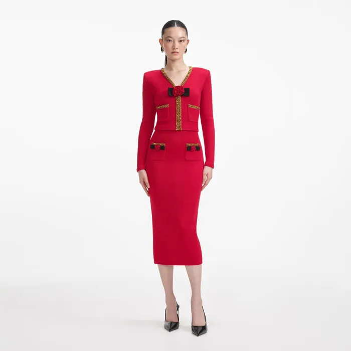 Bottoms Women Self Portrait Red Textured Knit Corsage Midi Skirt