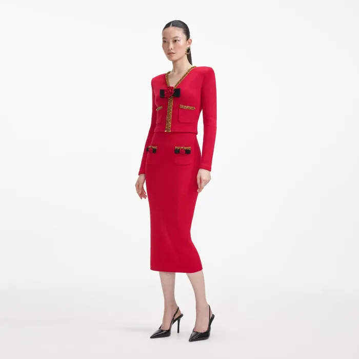 Bottoms Women Self Portrait Red Textured Knit Corsage Midi Skirt