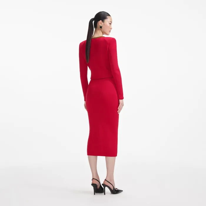 Bottoms Women Self Portrait Red Textured Knit Corsage Midi Skirt