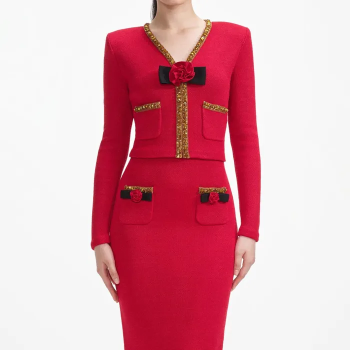 Bottoms Women Self Portrait Red Textured Knit Corsage Midi Skirt