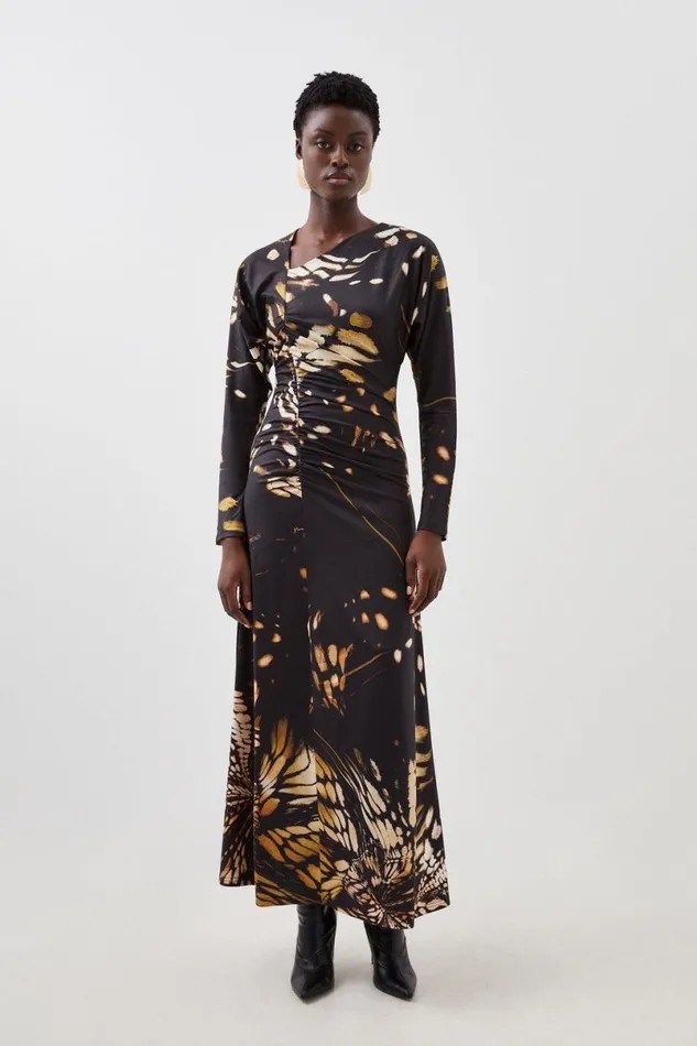 Butterfly Print Asymmetric Jersey Crepe Maxi Dress Black Women Karen Millen Dresses