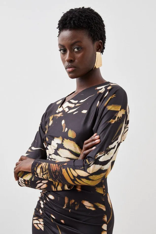 Butterfly Print Asymmetric Jersey Crepe Maxi Dress Black Women Karen Millen Dresses