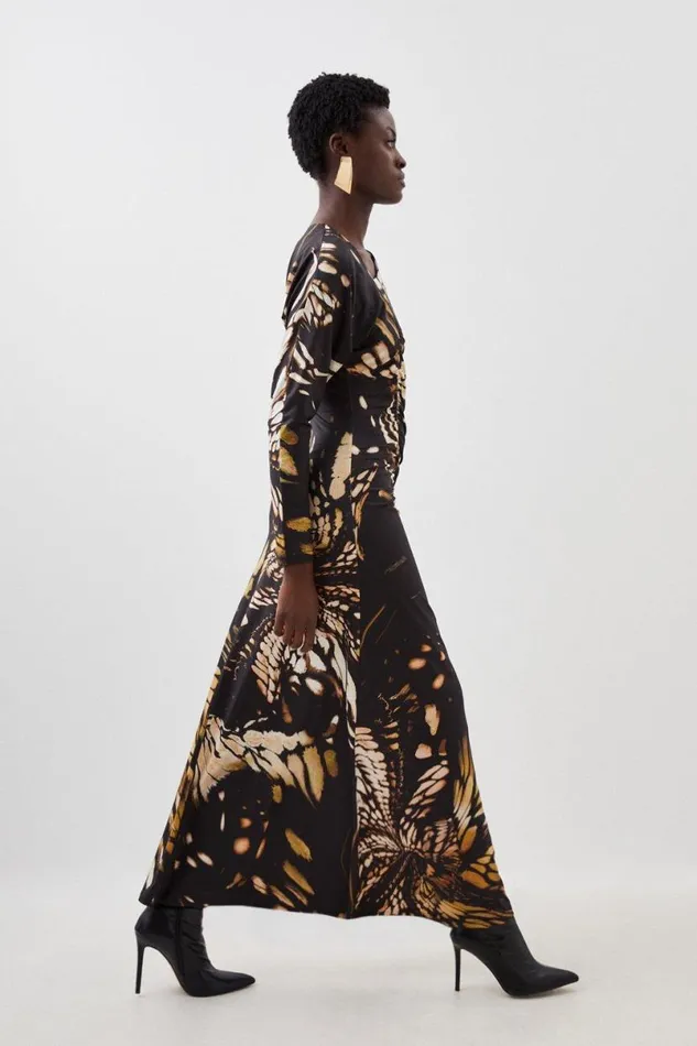 Butterfly Print Asymmetric Jersey Crepe Maxi Dress Black Women Karen Millen Dresses