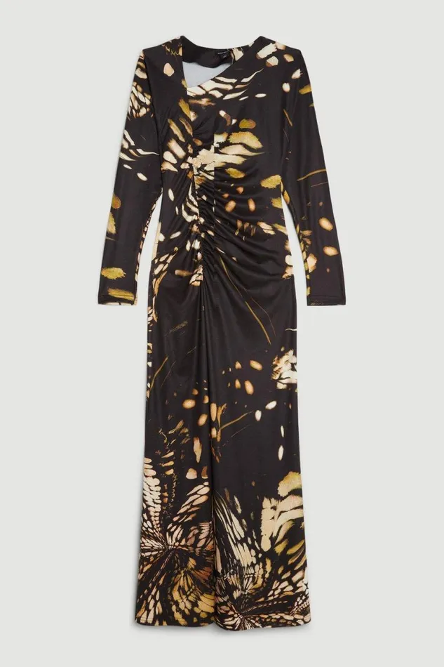 Butterfly Print Asymmetric Jersey Crepe Maxi Dress Black Women Karen Millen Dresses