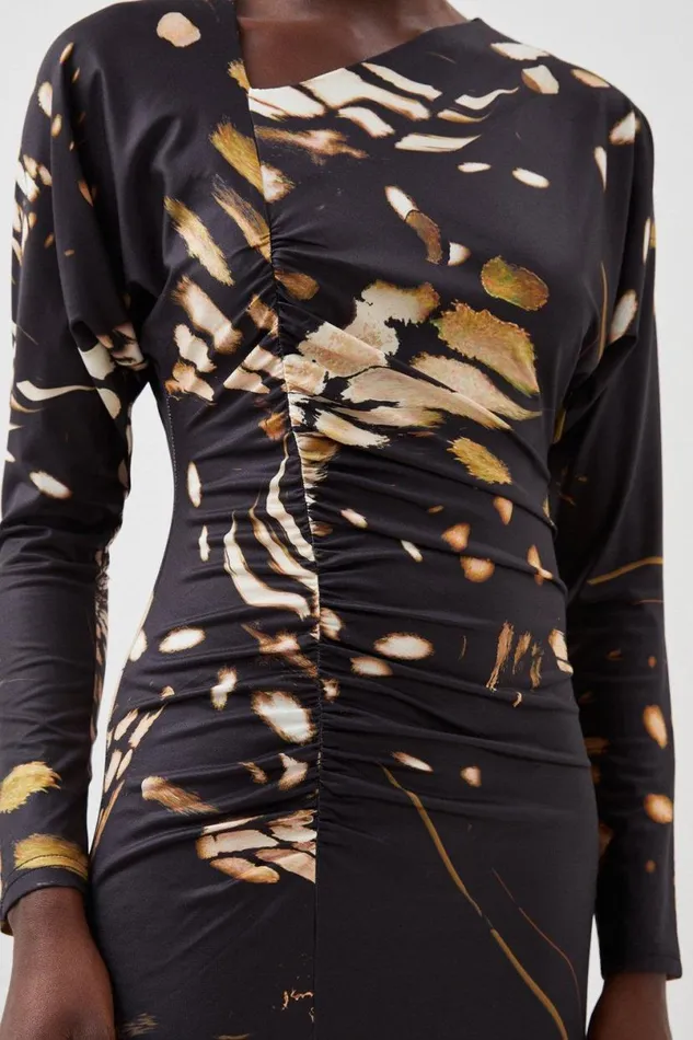 Butterfly Print Asymmetric Jersey Crepe Maxi Dress Black Women Karen Millen Dresses