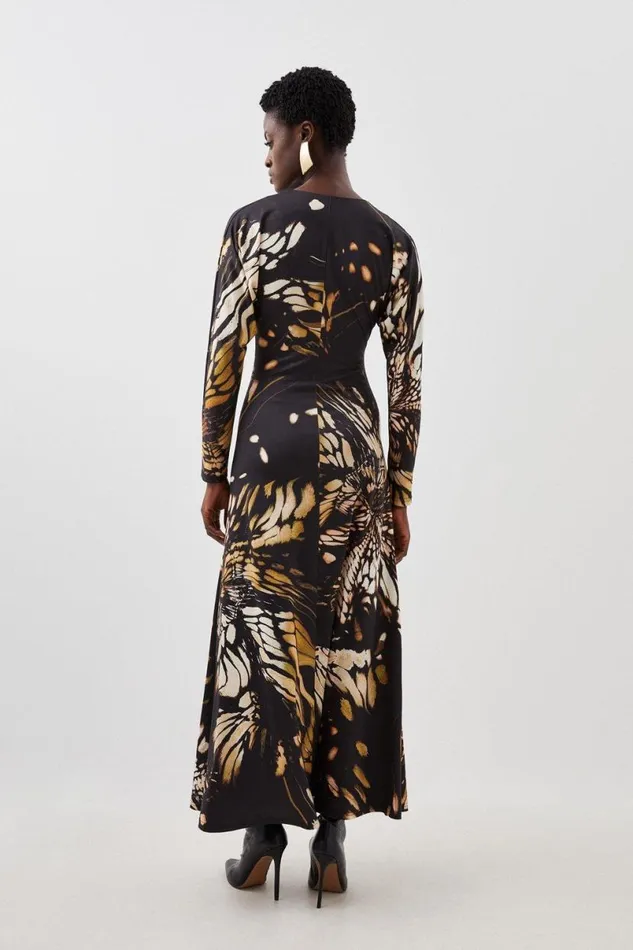 Butterfly Print Asymmetric Jersey Crepe Maxi Dress Black Women Karen Millen Dresses