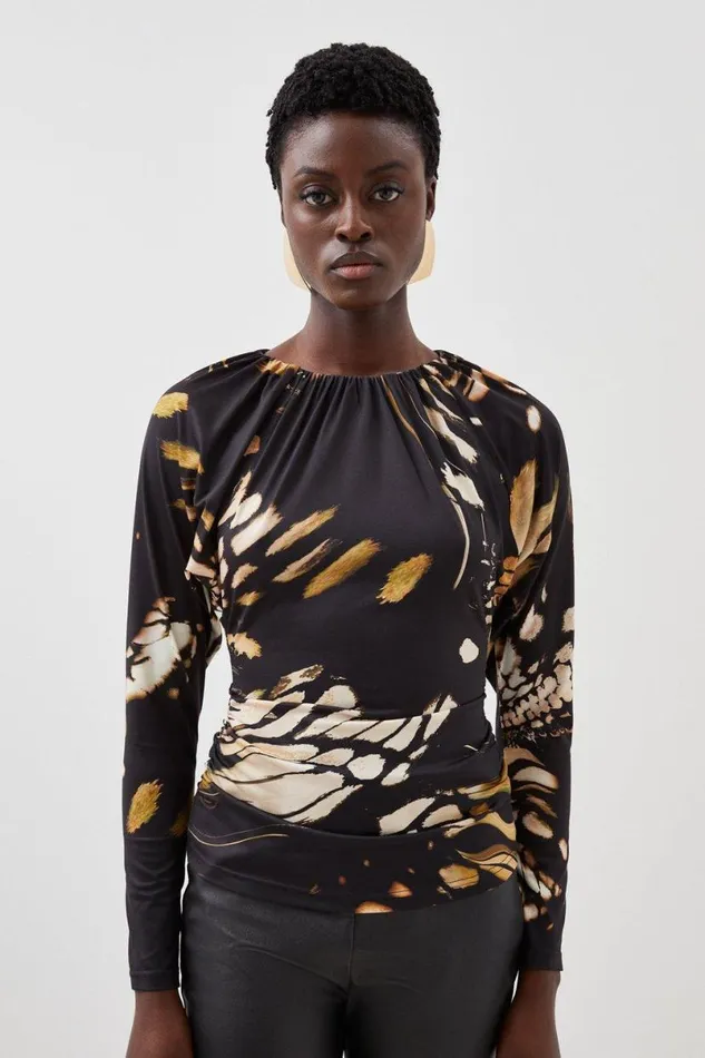 Butterfly Print Batwing Sleeve Jersey Crepe Top Black Women Karen Millen Tops
