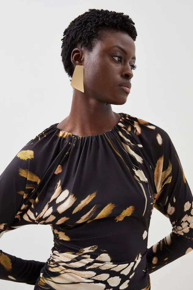 Butterfly Print Batwing Sleeve Jersey Crepe Top Black Women Karen Millen Tops