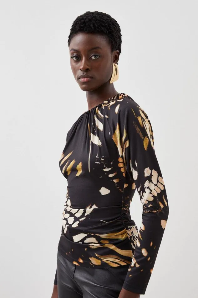 Butterfly Print Batwing Sleeve Jersey Crepe Top Black Women Karen Millen Tops