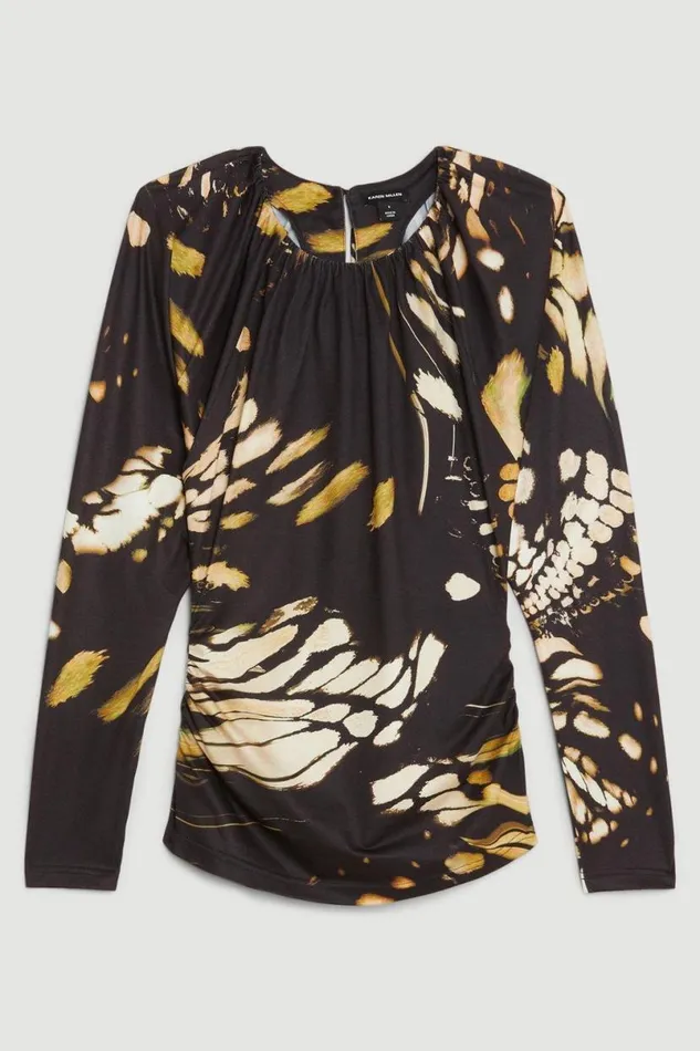Butterfly Print Batwing Sleeve Jersey Crepe Top Black Women Karen Millen Tops