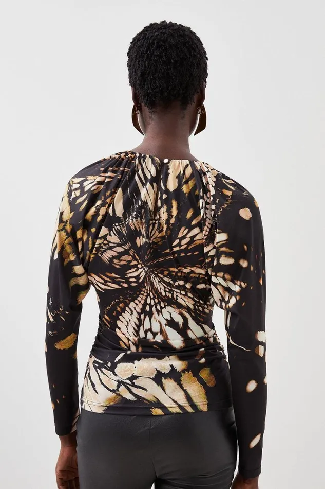 Butterfly Print Batwing Sleeve Jersey Crepe Top Black Women Karen Millen Tops