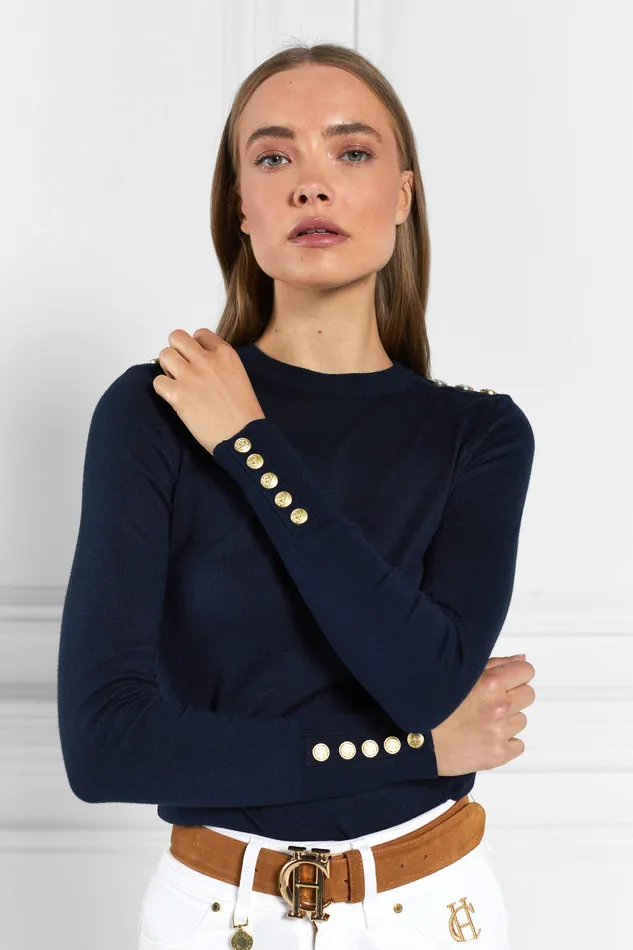 Buttoned Knit Crew Neck Ink Navy Women Holland Cooper Knitwear Buttoned Knit Crew Neck Ink Navy Women Holland Cooper Knitwear