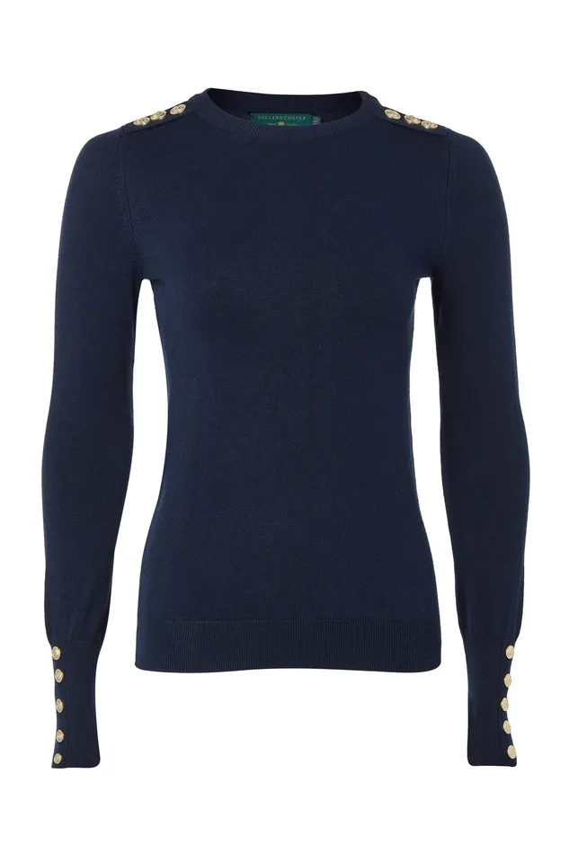 Buttoned Knit Crew Neck Ink Navy Women Holland Cooper Knitwear Buttoned Knit Crew Neck Ink Navy Women Holland Cooper Knitwear