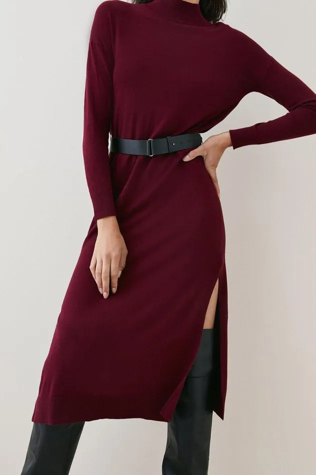 Cashmere Blend Funnel Neck Belted Knit Midi Dress Burgundy Women Karen Millen Dresses
