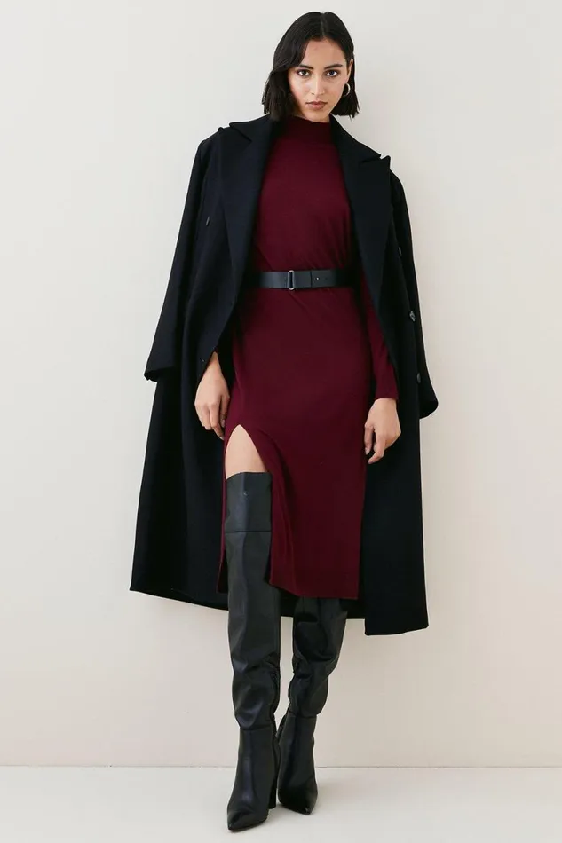 Cashmere Blend Funnel Neck Belted Knit Midi Dress Burgundy Women Karen Millen Dresses