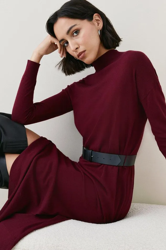 Cashmere Blend Funnel Neck Belted Knit Midi Dress Burgundy Women Karen Millen Dresses