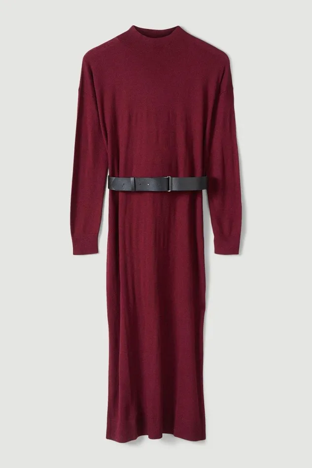 Cashmere Blend Funnel Neck Belted Knit Midi Dress Burgundy Women Karen Millen Dresses