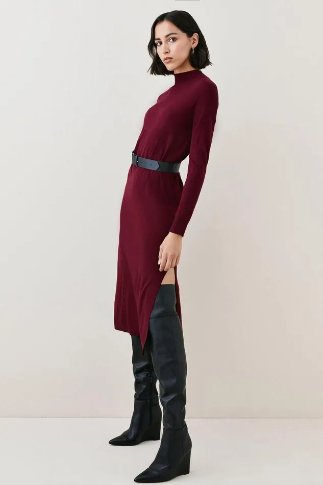 Cashmere Blend Funnel Neck Belted Knit Midi Dress Burgundy Women Karen Millen Dresses