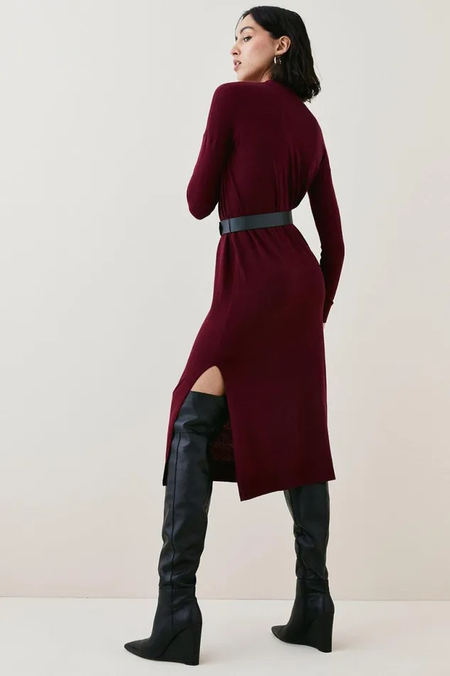 Cashmere Blend Funnel Neck Belted Knit Midi Dress Burgundy Women Karen Millen Dresses