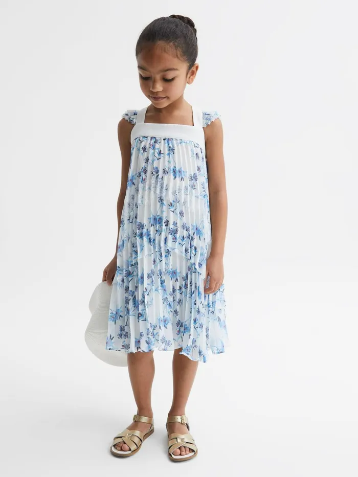 Children Aster Floral Printed Pleated Dress Blue Print Reiss Dresses and Jumpsuits